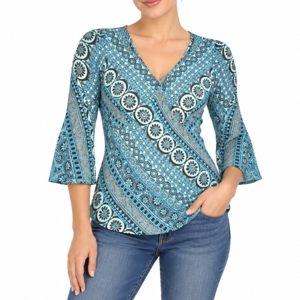 Como Woman Top Women 1X Blue Geometric Floral Faux Wrap Bell Sleeve Boho Tunic